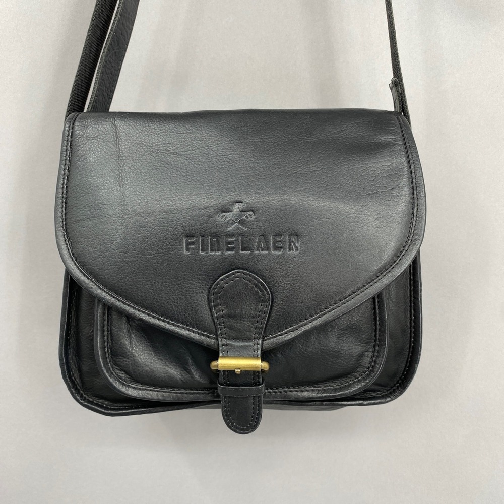 Finelaer Crossbody Bag Unisex Black Leather Messenger Satchel Adjustable Strap